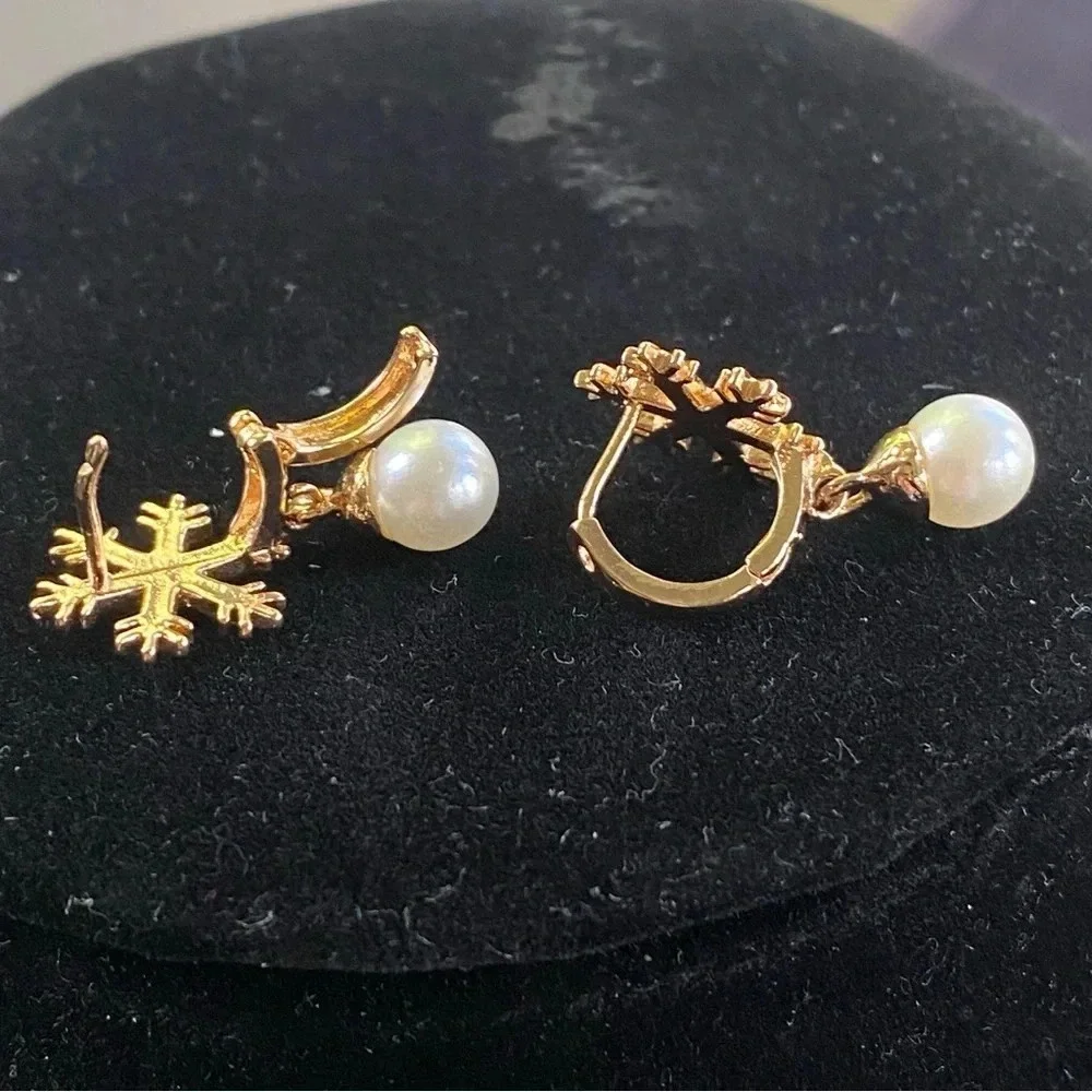 Gold Tone Snowflake Huggie Earrings with Faux Pearl Drops